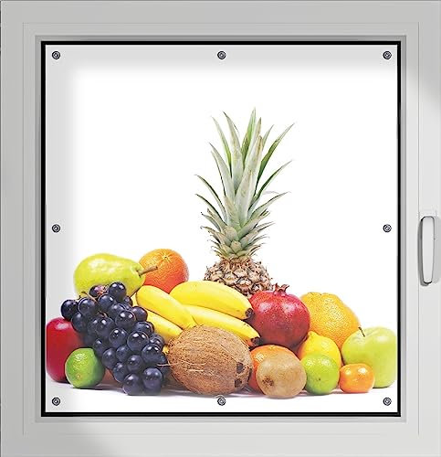 Wallario Lichtschutzbild, Dekorativer Sichtschutz Sonnenschutz 96 x 100 cm mit Motiv: Gemischtes Obst aus Aller Welt - Exotische Obstsammlung - Verdunklungsrollo ohne Bohren