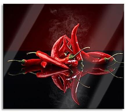 Feurige rote Chili Schoten Herdabdeckplatte & Spritzschutz aus Echtglas | Für Herd-Kochfelder | 60x52 cm