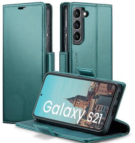 XYGLOW Coque pour Samsung Galaxy S21 Etui RFID Protection Housse en Premium Cuir Pochette Portefeuille Rabat Clapet Case Porte Carte Magnétique Étui pour Samsung S21 5G 6.2''-Vert