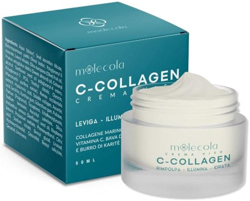 C-COLLAGEN - Crema Viso Antirughe Donna con Collagene Marino, Acido Ialuronico e Bava di Lumaca, Idratante, Illuminante & Rimpolpante con Vitamina C e Burro di Karitè, 50 ml - MOOLECOLA