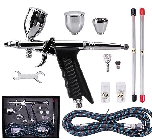 SAGUD Airbrush Gun Set Double Action Air Brush Pen 0.3mm with Extra 0.5 0.8 mm Needles,Airbrush Hose and 2CC/5CC/13CC Cup Kit