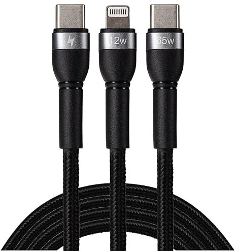 Maplin USB-C to 2 in 1 Multi Charging Cable USB-C and Lightning Connector 65W Braided 1.2m, for Apple MacBook, iPad, iPhones, Samsung Galaxy, Airpods, Microsoft Surface, Google Pixel, Honor and more