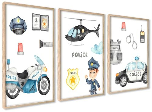 ag.art deco Kinder Poster Set Polizei | 3 Stück A3 30x40cm | Hubschrauber Polizeiauto Polizeimotorrad Polizist | Mädchen und Junge Bilderset | ohne Rahmen