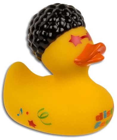 PhiLuMo Disco Fever Badeente - Disco-Quietscheente - gelb mit Afrolook, Sonnenbrille und Disco Fever Logo - 10 x 10 cm