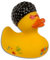 PhiLuMo Disco Fever Badeente - Disco-Quietscheente - gelb mit Afrolook, Sonnenbrille und Disco Fever Logo - 10 x 10 cm