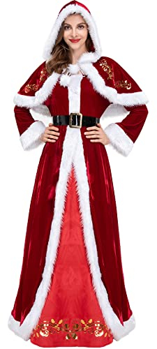 Lvguang Weihnachten Santa Umhang mit Kapuze Weihnachtsmantel Cape Damen Samtkleid Kapuzenumhang Cape Abendkleid Weihnachtsfest für Weihnachten Kostüm Party Rot-M