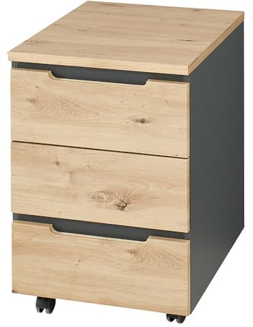 Lomadox Rollcontainer mit 3 Schubladen, Graphit mit Eiche