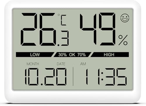 Brifit Thermometer Hygrometer Innen, Digitales Thermo-Hygrometer mit Große LCD Bildschirm und Magnet, Raumthermometer mit Smiley-Indikator, Uhr, Datum, Luftfeuchtigkeitsmesser für Wohnzimmer, Büro