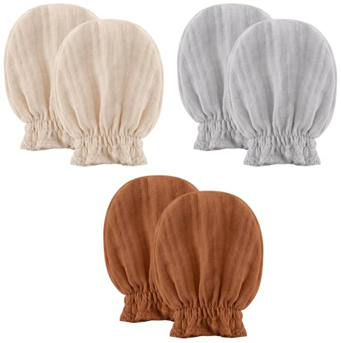 Pro Goleem 3-Pack Muslin Baby Mittens for Newborn, 100% Cotton No Scratch Soft Breathable Gloves with Elastic Strap for Baby Boy and Girls 0-6 months, Brown Beige Grey