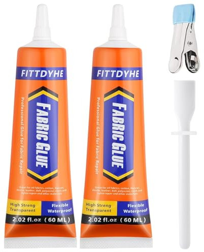 2 Pack Fabric Glue Permanent, 60ML/2.02oz Washable Clear Clothing Glue, Super Fabric Glue for Rhinestones, Patches, Clothes, Denim, Leather, Polyester, Fabrics, Doll Repair, Flannel, Cotton