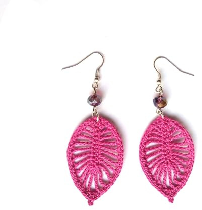 pendientes hoja con cuentas de vidrio, pendientes de encaje tejidos a ganchillo, fucsia, pendientes artesanales, joyería para mujer accesorio moda
