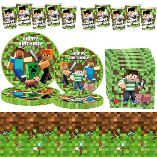 Anniversaire Vaisselle Kit, Mine-craft Fournitures de Fête 51 Pièces Mine-craft Décorations d'anniversaire, Vaisselle Assiettes Serviettes Tasses,Décoration d'anniversaire pour Enfant,10 Invités