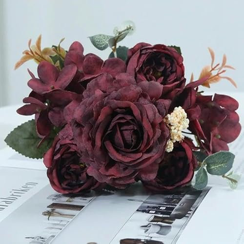 ZFISH Wunderschöne Hortensien-Rosen, künstliche Blumen für Zuhause, Hochzeitsdekorationen, Herbststrauß, Mousse-Pfingstrose, künstliche Blumen, dunkelrot