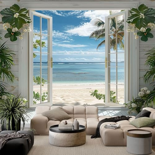 Fototapete 3D Vliestapete mit Fenster mit Meerblick Mehrfarbig 350x256cm XXL Panorama Wandbild für Mädchen & Jungs Schlafzimmer Wanddekoration mit 3D Effekt