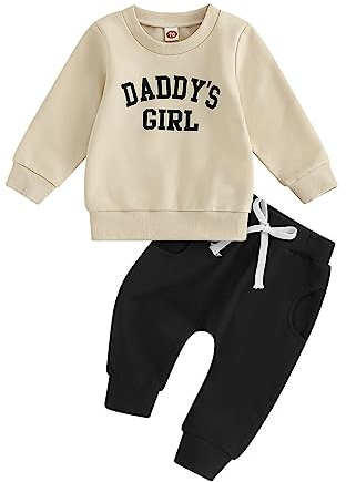 WERNZATT Toddler Baby Girls Fall Clothes Daddy's Girl Outfit Long Sleeve Sweatshirt Tops Drawstring Pants Set 2pcs Sweatsuit (A Apricot Black, 18-24 Months)