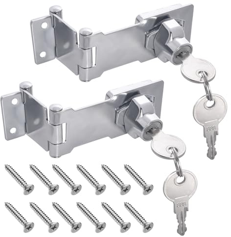 2PC Hasp Locks, 3 Inch Silver 90/180 Degree Hasp Latch Barn Door Lock | Rotary File Cabinet Lock Double Hinge Hasp with Screws for Cupboard, Barn Door, Outdoor, Garden (Individual Key)