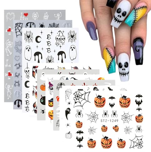 QOWIJEX 10 Blatt Nagelsticker,Halloween Style Nail Art Sticker,Selbstklebend Nagelaufkleber,Kürbisse,Totenköpfe, Gespenster, Spinnen und mehr!Halloween Dekoration Nageldesign Zubehör