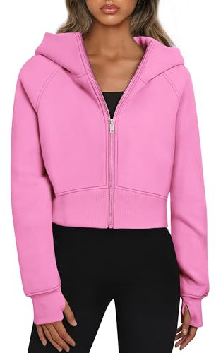 Timuspo Sweat à capuche court pour femme - Avec fermeture éclair - Doublure en polaire - Fermeture éclair - Automne et hiver, Rose, S