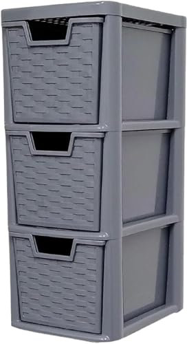 Khanary 3 Plastic Storage Drawer Rattan Style Medium Drawer Multipurpose 3 Tier for Home Office Kitchen Bath Bedroom Garage Study Stationery Toys Books Magazines (H)48 (D)25 (W)19cm Grey