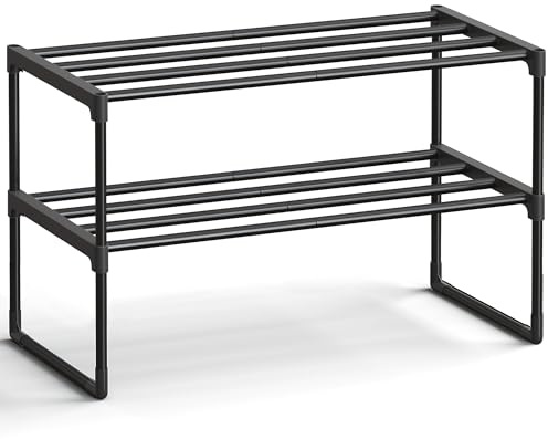 SONGMICS Shoe Rack, 2-Tier Shoe Organizer, Metal Storage Shelf, Upright or Upside Down, for 6-9 Pairs, Stackable, for Entryway, 11.8 x 26.8 x 14.6 Inches, Black ULSA202B01