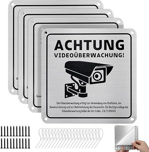 Cartello Area Videosorvegliata in Lega di Alluminio, 4 Pezzi 15x15cm Cartello Proprietà Privata Autoadesivo con Avviso GDPR, con 20 Fascette e 20 Viti, per Casa e Negozio, Interno ed Esterno