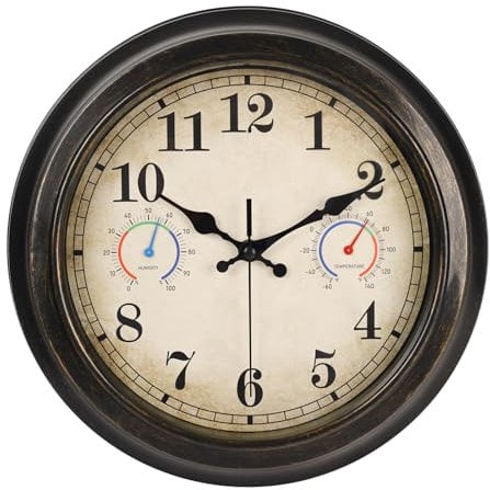 Alarllok 30,5 cm große Outdoor-Uhr mit Thermometer und Hygrometer, wasserdicht, für Innen- und Außenbereich, Wanduhren für Terrasse, Pool, Garten, Dekoration, Retro-Bronze