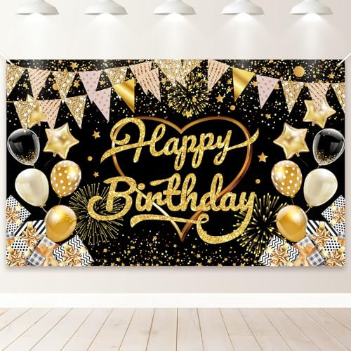 PartyYaa Geburtstag Banner, Happy Birthday Banner Deko, Extra Großes Geburtstag Party Fotoautomaten Hintergrund Dekoration Schild Poster für Männer und Frauen (Schwarz Gold)