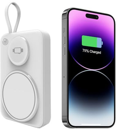 Power Bank - Batería externa magnética de 10000 mAh, PD 22,5 W, carga rápida, con entrada y salida USB-C y cargador de auriculares de reloj, apto para iPhone 15/14/13/12/Pro (blanco)