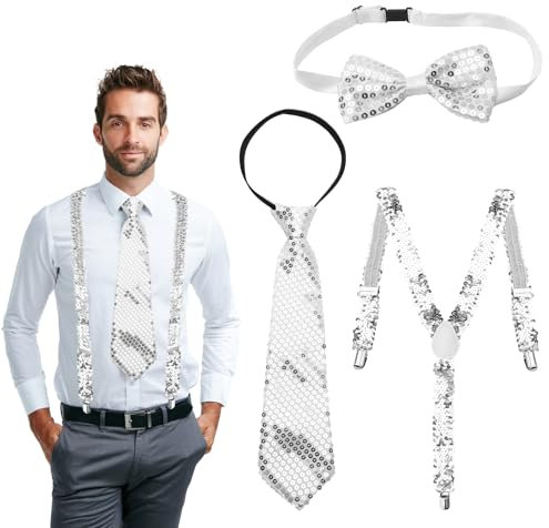 UOCAI 3 Stück Pailletten Hosenträger Set, Glitzer Outfit Herren Glitzer Fliege Hosenträger Krawatte Disco Kostüm Fasching Accessories für Disco Karneval Halloween Mottoparty