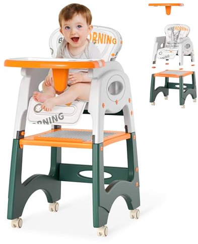 XMTECH Hochstuhl Baby 6 in 1 Kinderhochstuhl für Babys und Kleinkinder mit Sicherheitsgurt, Ab 6 Monaten Essstuhl, verstellbarer Sitzlehne,Lerntisch, Tisch und Stuhl-Set, Bausteintisch