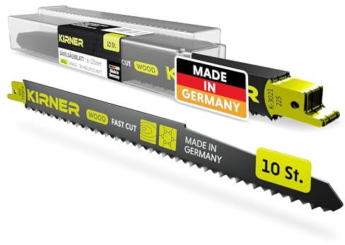 KIRNER Säbelsägeblätter Holz 225mm [ Extrem scharf & Langlebig ] 10er Pack Sägeblätter Säbelsäge inkl. Box - Reciprosägeblätter mit Universalaufnahme für alle Holz und Kunststoff 6-175mm
