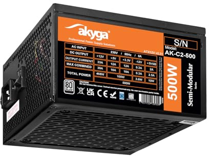 Akyga ATX Netzteil 500W AK-C2-500 Semi-Modular P4+4 2X PCI-E 6+2 pin 4X SATA 2X Molex Fan 12cm 80 Plus