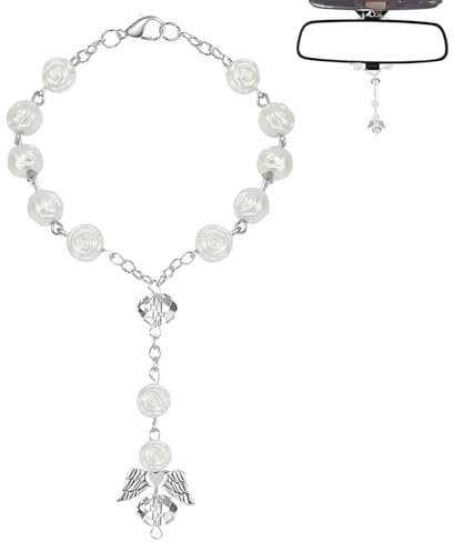 Schutzengel Auto, Moderne Mode Rosenkranz Auto Anhänger für Spiegel Hängende Verzierung, Rückspiegel Anhänger für Zubehör Autospiegel Hängende Zubehör(Weißer)