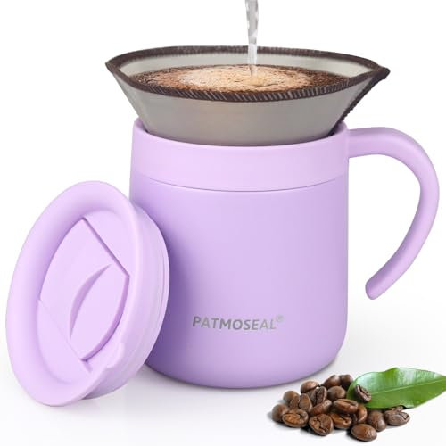 patmoseal Pour Over Coffee Mug with Paperless Filter, 2-in-1 Hand Drip Coffee Maker, Insulated Cafetiere 1 Cup with Splash-Proof Lid for Travel, Office, Home, Camp 350ml/12oz (Purple)