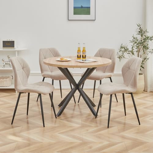 GrandCA HOME Esstisch und Stuhlset, 100 cm Runder Esstisch und 4 Moderne Leinenstühle, für Esszimmer, Küche, Wohnzimmer (Helle + Khaki)