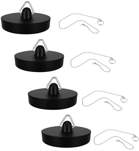 4 PCS Abflussstopfen Ø 45 bis 47 mm mit 40 cm Edelstahlkette, Waschbeckenstöpsel aus flexiblem PVC, Gummi Stöpsel für Waschbecken Spüle Badewanne Küchenspüle Abfluss Dichtung Verschluss