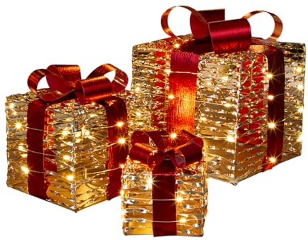 The Christmas Workshop Light-Up Gold & Red Gift Boxes/Set of 3 Different Sizes/Warm White LED Lights/Timer Function/Battery Powered (74449)