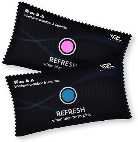 WolfCamp Auto Luftentfeuchter 2er Set 450g je Beutel Silica Gel Mikrowellen regenerierbar wiederverwendbar Farbindikator hellblau rosa Feuchtigkeitsabsorber Kissen Auto Innenraum Wohnmobil Caravan
