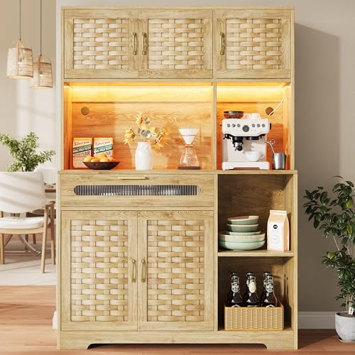 Merax Hochschrank Wohnzimmer, KüChenschrank Hoch,Esszimmerschrank Vitrine, Standvitrine Mit Led, Bar Schrank Mit Schubladen,120×40×180 cm,LED-Beleuchtung per App - Natürlich