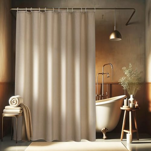 EurCross Tenda da doccia in tessuto di lino testurizzato, marrone chiaro, 180 x 200 cm, tessuto impermeabile, per hotel, lussuosa, in poliestere, antimuffa, lavabile, con 12 anelli
