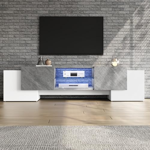 YEHTOKHOME Meuble TV Blanc 180 cm avec LED, Meuble TV LED Design Moderne, 4 Rangements, Verre Trempé Réglable, Meuble Télé de Salon (Blanc+Gris)