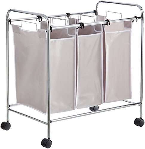 Amazon Basics Rechteckig Wäschesortierer mit 3 Taschen, 135 Liter Fassungsvermögen, Weiß, 78 x 46 x 86 cm