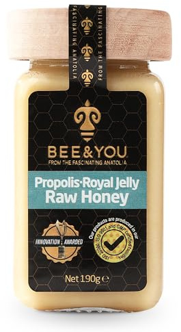 Bee and You Propolis Royal Jelly Raw Honey 190g, Premium Raw Honey Blend with Anatolian Propolis, Unfiltered & Unpasteurized, Non-GMO, Gluten Free, No Artificial Ingredients