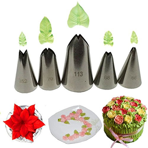 FantasyDay Douilles Pâtisserie, 5 Pièces Poche à Douille Accessoires de Décoration en Acier Inoxydable 304 - Décoration de Gâteaux pour Tarte, Biscuit, Pâtisserie, Bonbon, Gâteau, Cupcakes et Cookies