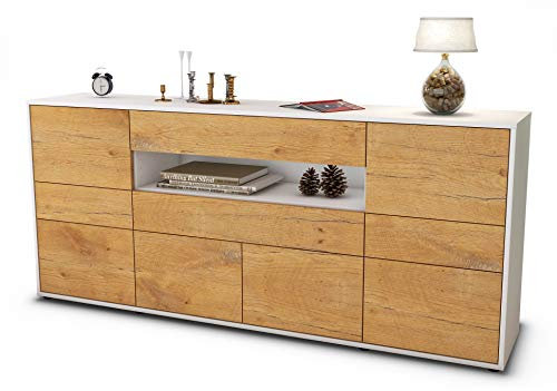 Stil.Zeit Sideboard Emerelda, Korpus Weiss matt, Front Holz-Design Eiche (180x79x35cm) Push-to-Open Technik & Leichtlaufschienen