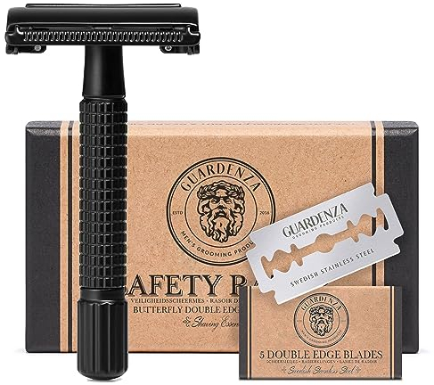 GUARDENZA GROOMING PRODUCTS Double-Edge Safety Razor Butterfly | mattschwarz | Klassischer Rasierer | Barbier Rasiermesser | inkl. Rasierklingen