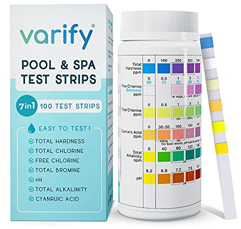 VARIFY Bandelettes de test Varify 7 en 1 pour piscine et spa - Kit de test d'eau facile à utiliser pour piscine, spa, jacuzzi et plus encore - Bandelette de test pour la dureté de l'eau, le chlore