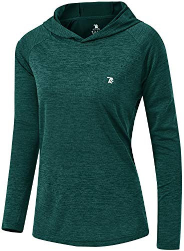 donhobo Women's Long Sleeve Sports Running Hoodie Tops Shirts with Thumb Hole,UPF 50+ Sun Protect Breathable Quick-Dry Fitness T-Shirt Tops for Workout Gym Training Yoga Pilates Dark Green L