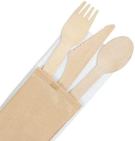 BIOZOYG Holz Besteck Set Messer Gabel Löffel 16cm mit Serviette I Imbiss Besteck biologisch abbaubar I Party Holzbesteck hygienisch verpackt I Holz Essbesteck Set Outdoor Grosspackung 400 Stück