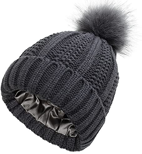 Yixda Damen Beanie Strickmütze mit Fellbommel Bommelmütze Ski Warme Wintermütze (Dunkelgrau)